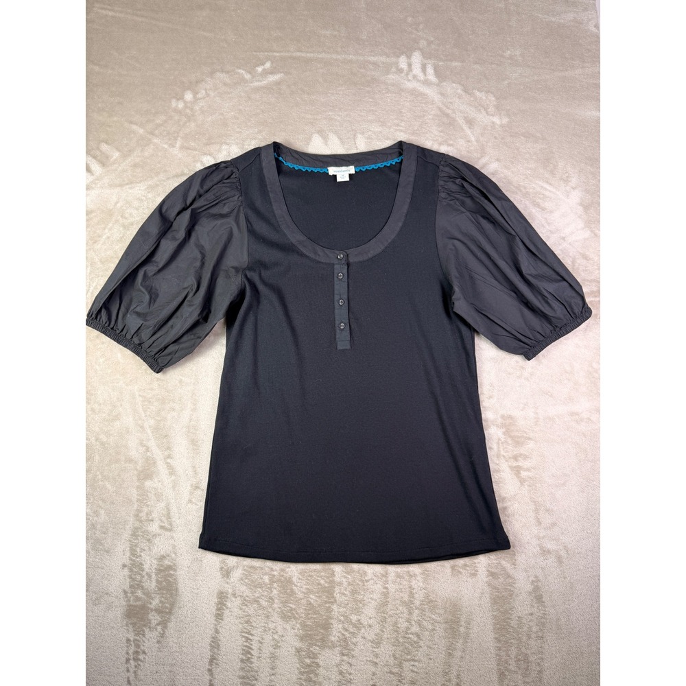 Sundance Black Puff Sleeve Henley Top Womens Size Medium Button‎ Up Shirt